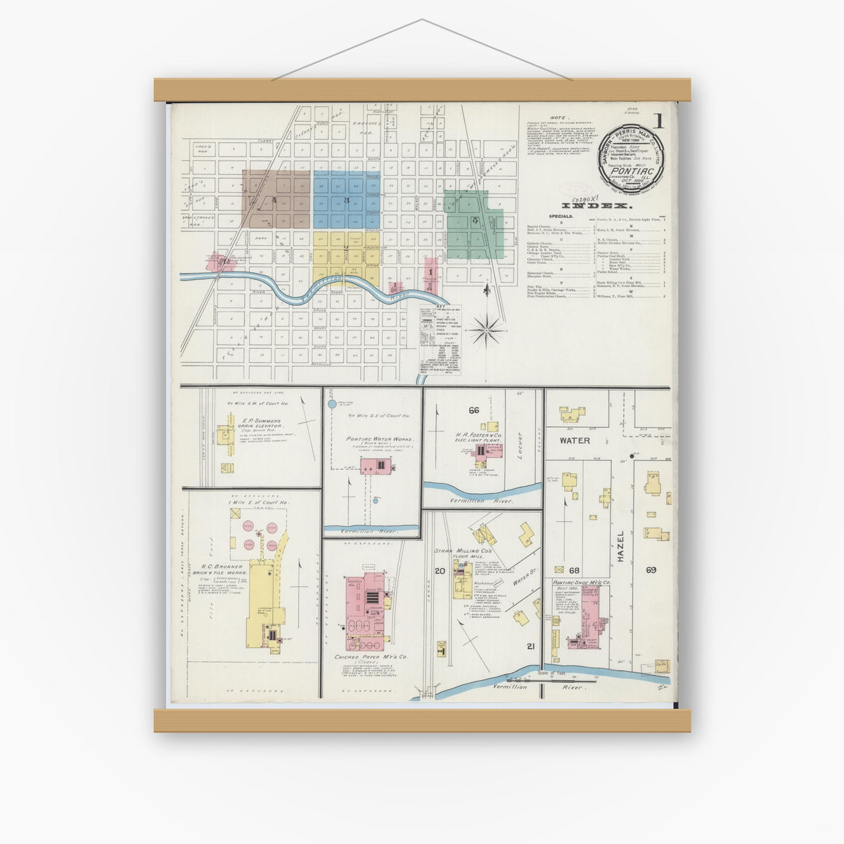 Old map wall art mockup — magnetic wood frame on white wall — Sanborn Fire Insurance Map from Pontiac, Livingston County, Illinois (1892), Sheet #0001