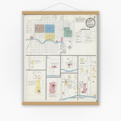 Old map wall art mockup — magnetic wood frame on white wall — Sanborn Fire Insurance Map from Pontiac, Livingston County, Illinois (1892), Sheet #0001