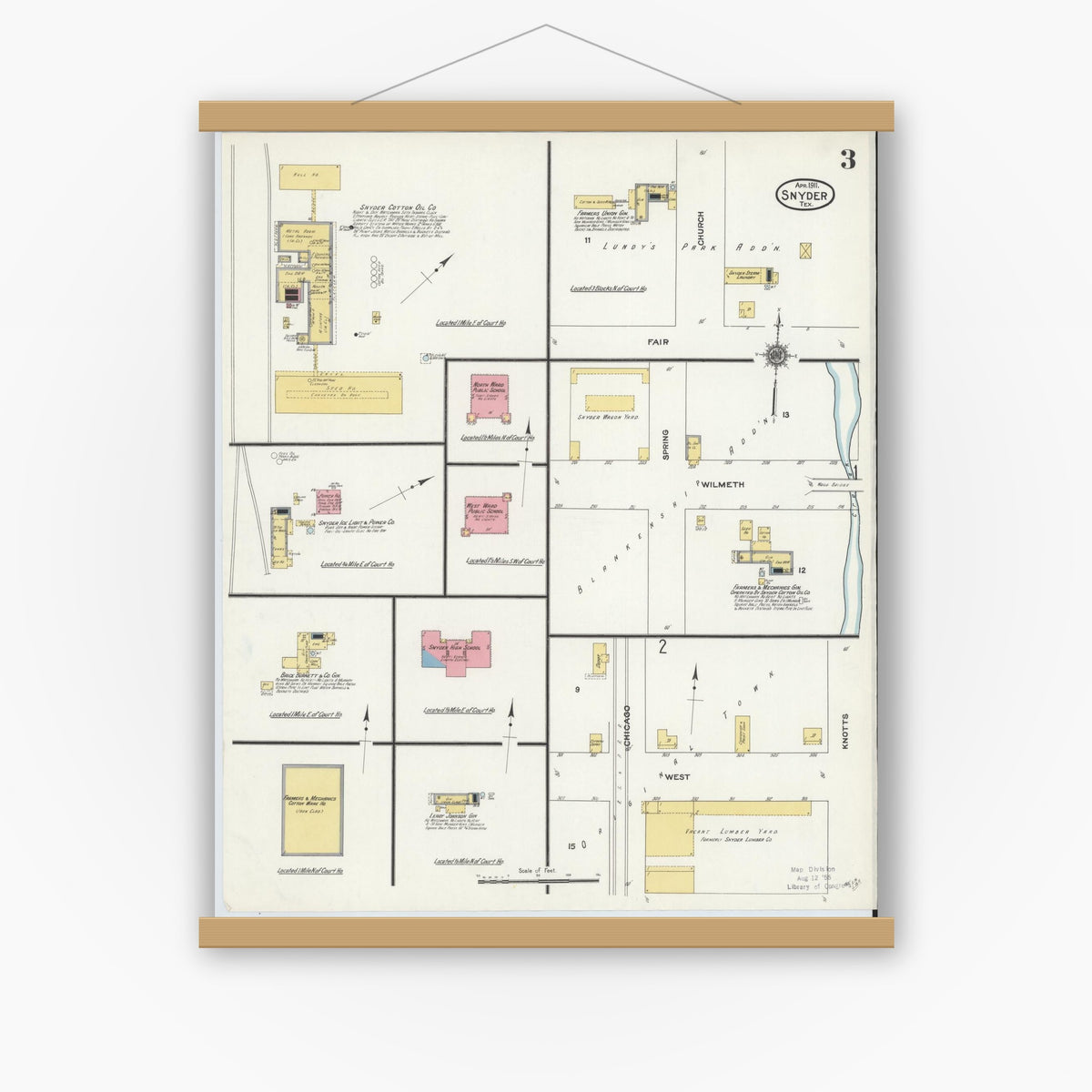 Old map wall art mockup — magnetic wood frame on white wall — Sanborn Fire Insurance Map from Snyder, Scurry County, Texas (1911), Sheet #0003