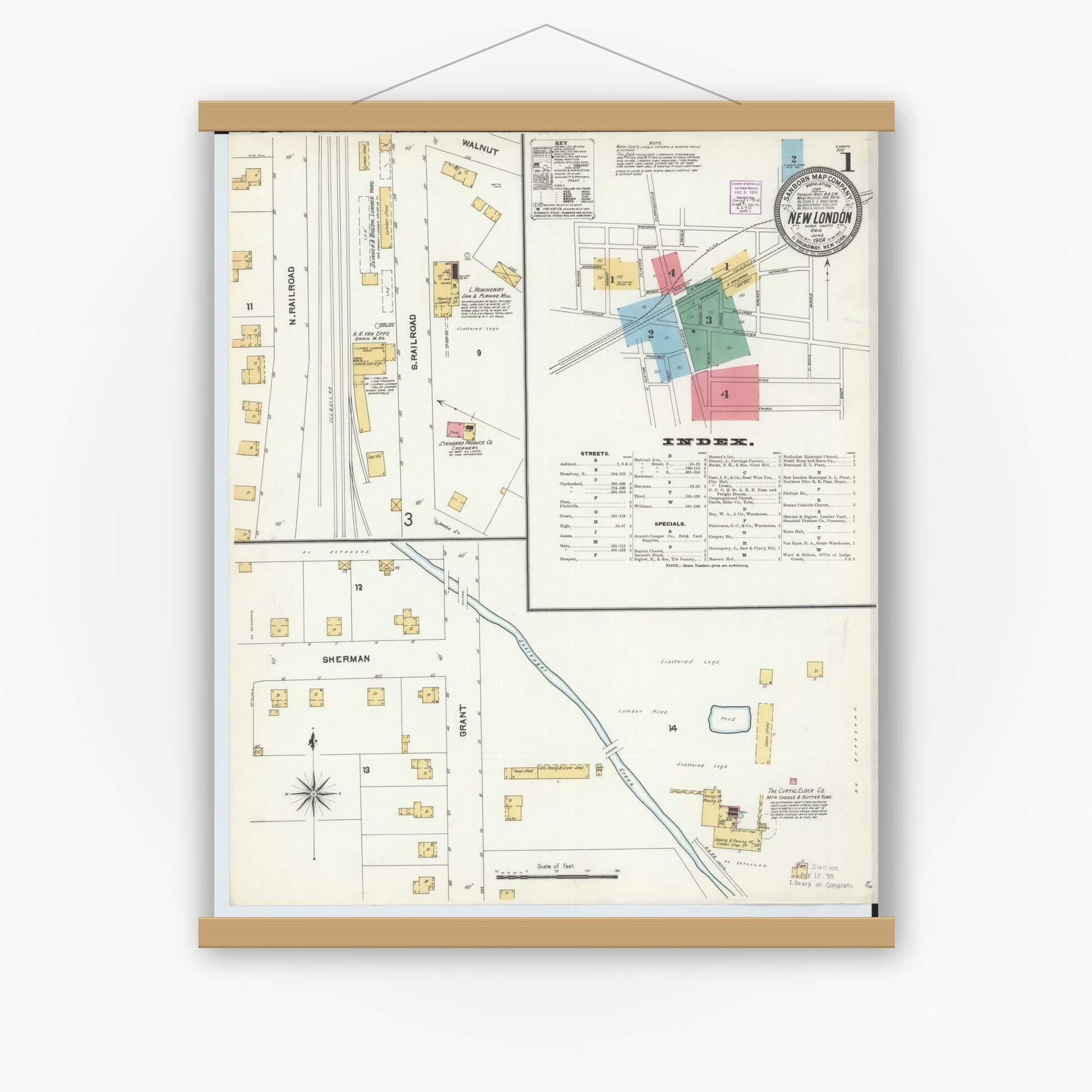Old map wall art mockup — magnetic wood frame on white wall — Sanborn Fire Insurance Map from New London, Huron County, Ohio (1904) - Complete Map Set