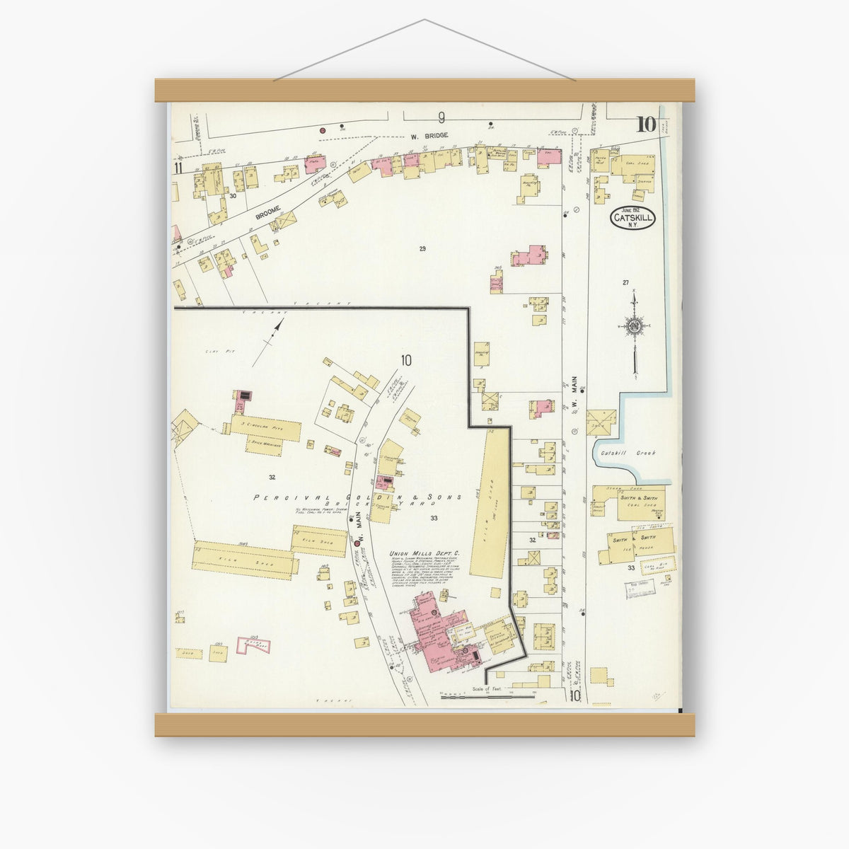Old map wall art mockup — magnetic wood frame on white wall — Sanborn Fire Insurance Map from Catskill, Greene County, New York (1912), Sheet #0010