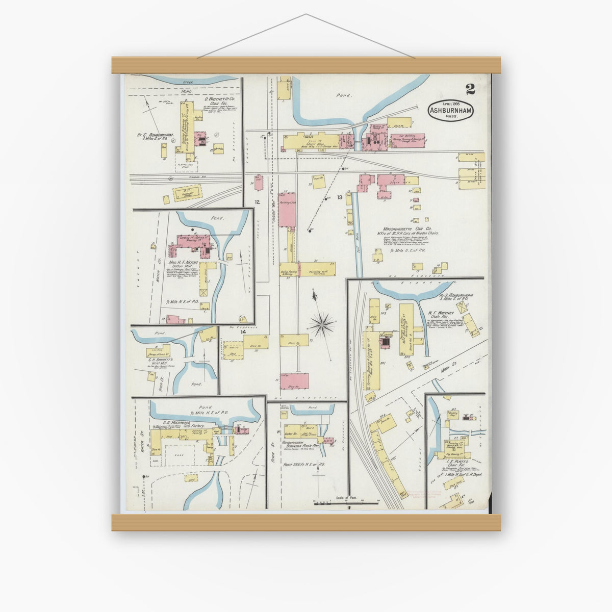 Old map wall art mockup — magnetic wood frame on white wall — Sanborn Fire Insurance Map from Ashburnham, Worcester County, Massachusetts (1895), Sheet #0002