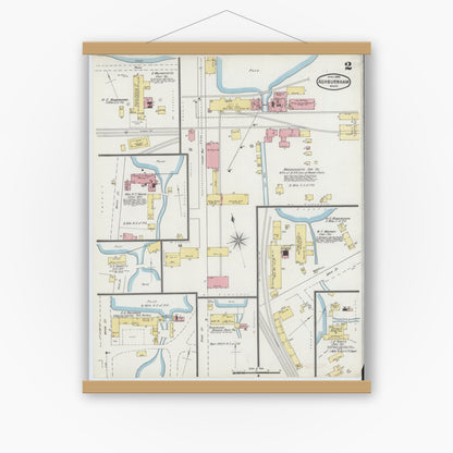 Old map wall art mockup — magnetic wood frame on white wall — Sanborn Fire Insurance Map from Ashburnham, Worcester County, Massachusetts (1895), Sheet #0002