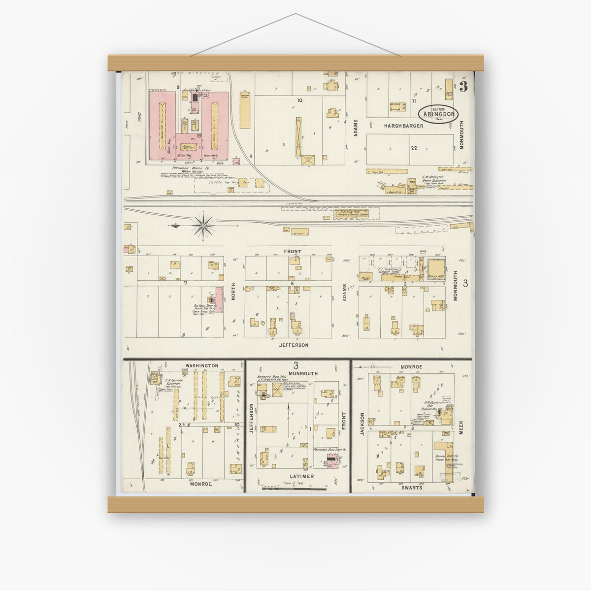 Old map wall art mockup — magnetic wood frame on white wall — Sanborn Fire Insurance Map from Abingdon, Knox County, Illinois (1898), Sheet #0003