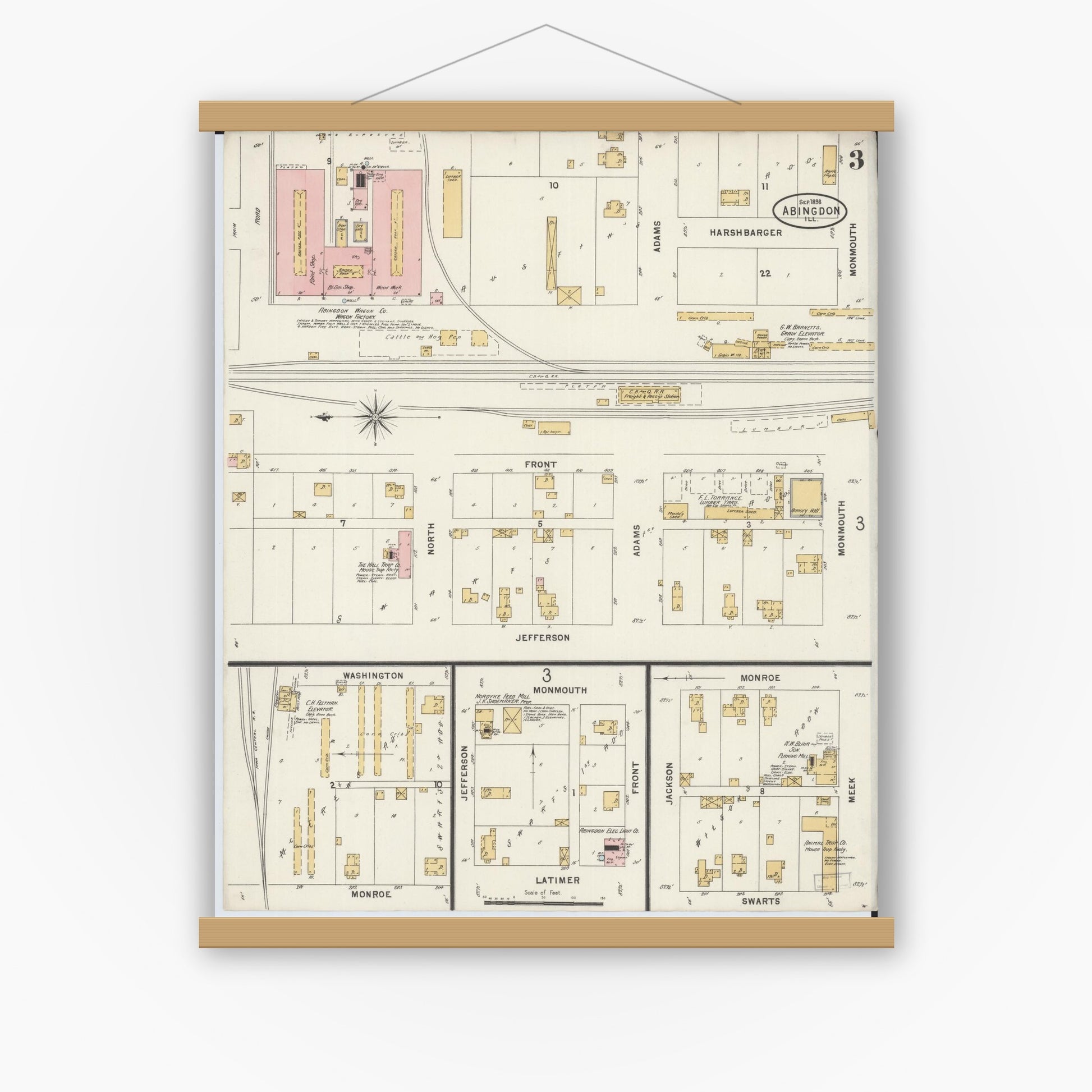 Old map wall art mockup — magnetic wood frame on white wall — Sanborn Fire Insurance Map from Abingdon, Knox County, Illinois (1898), Sheet #0003