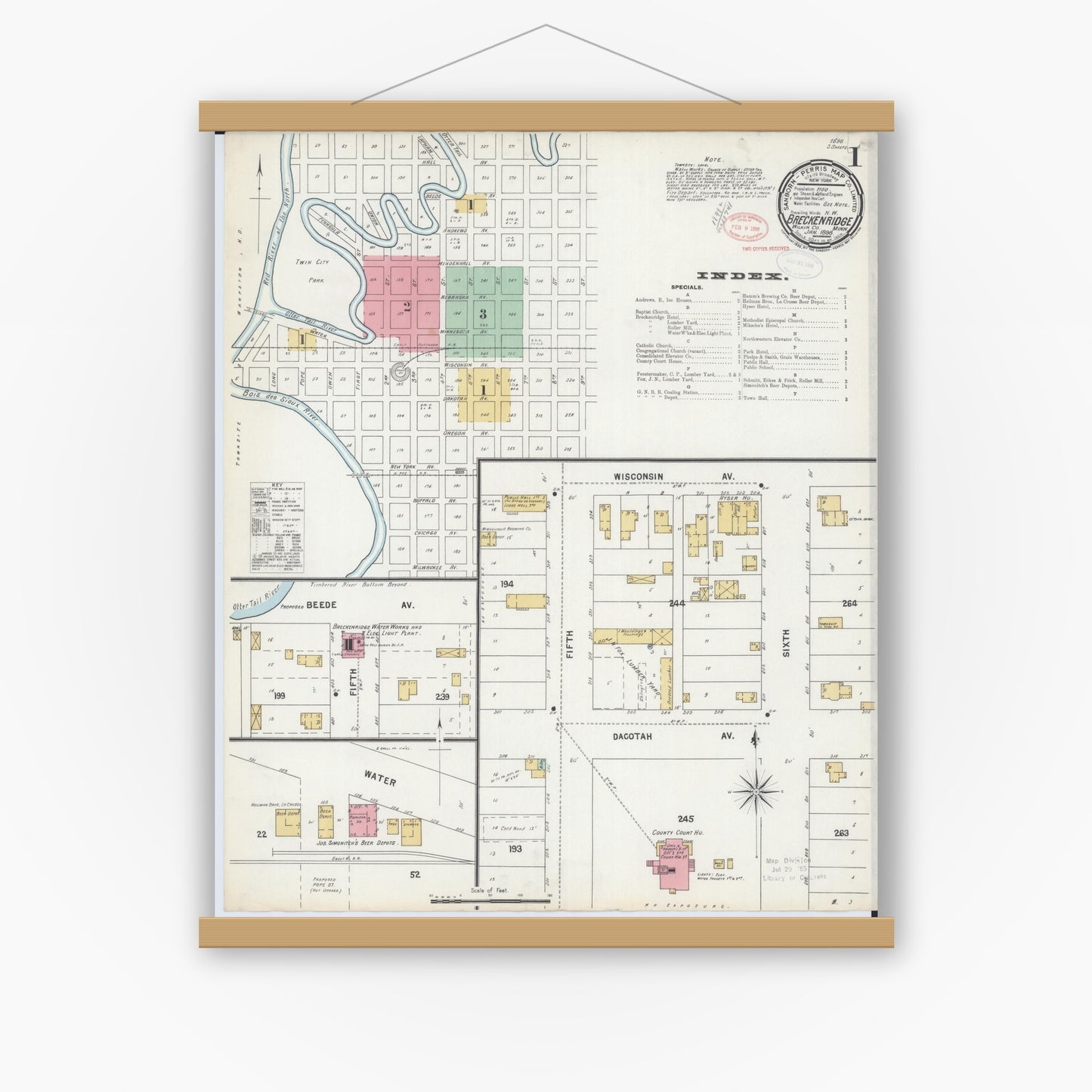 Old map wall art mockup — magnetic wood frame on white wall — Sanborn Fire Insurance Map from Breckenridge, Wilkin County, Minnesota (1898) - Complete Map Set