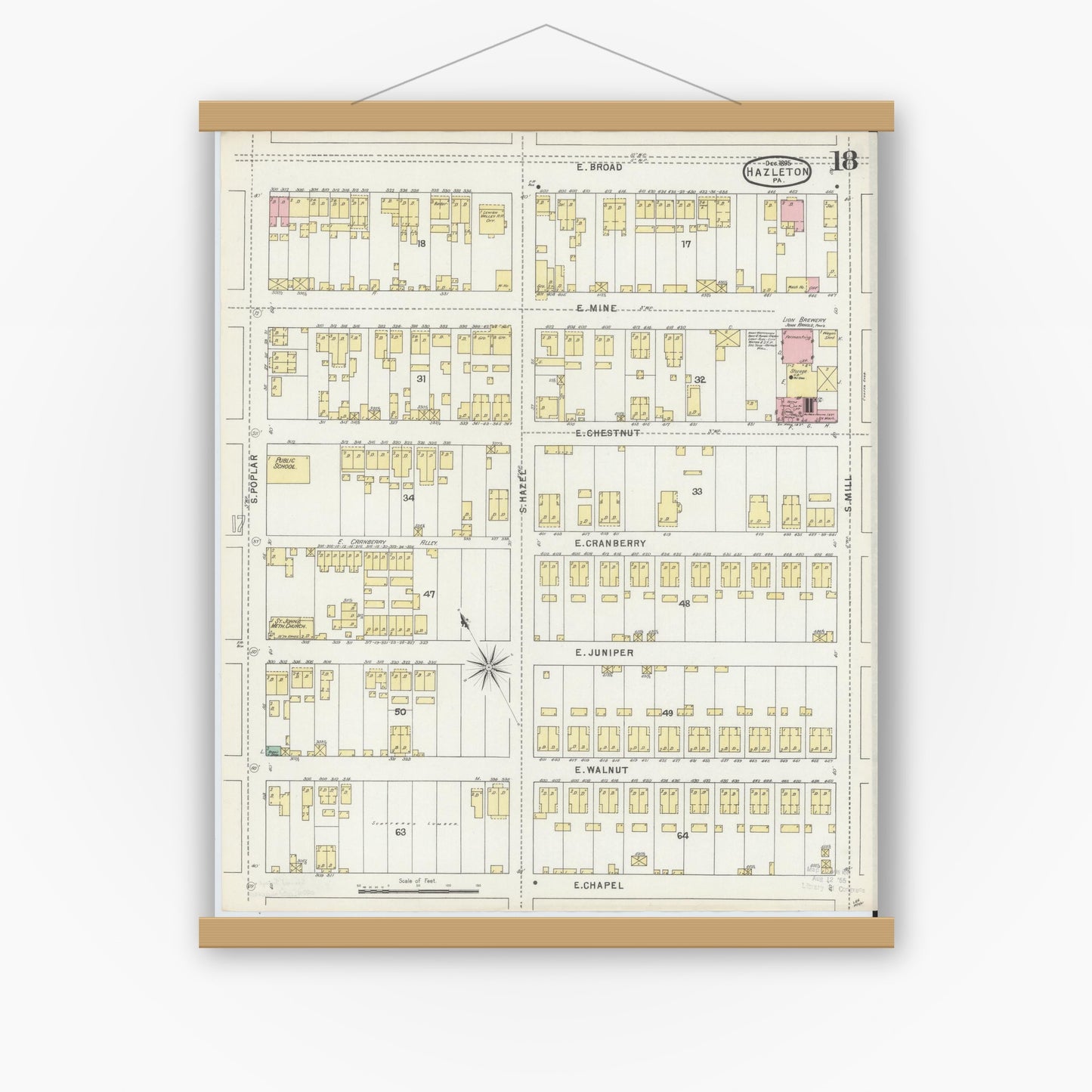 Old map wall art mockup — magnetic wood frame on white wall — Sanborn Fire Insurance Map from Hazleton, Luzerne County, Pennsylvania (1895), Sheet #0018