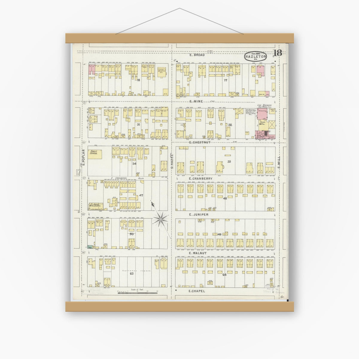 Old map wall art mockup — magnetic wood frame on white wall — Sanborn Fire Insurance Map from Hazleton, Luzerne County, Pennsylvania (1895), Sheet #0018