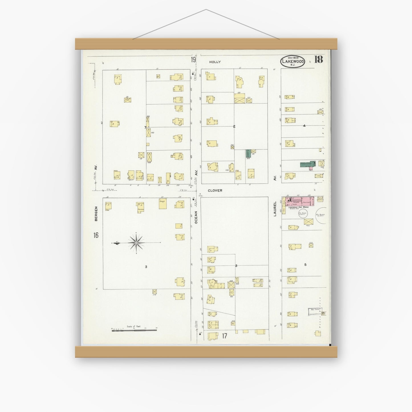 Old map wall art mockup — magnetic wood frame on white wall — Sanborn Fire Insurance Map from Lakewood, Ocean County, New Jersey (1909), Sheet #0018