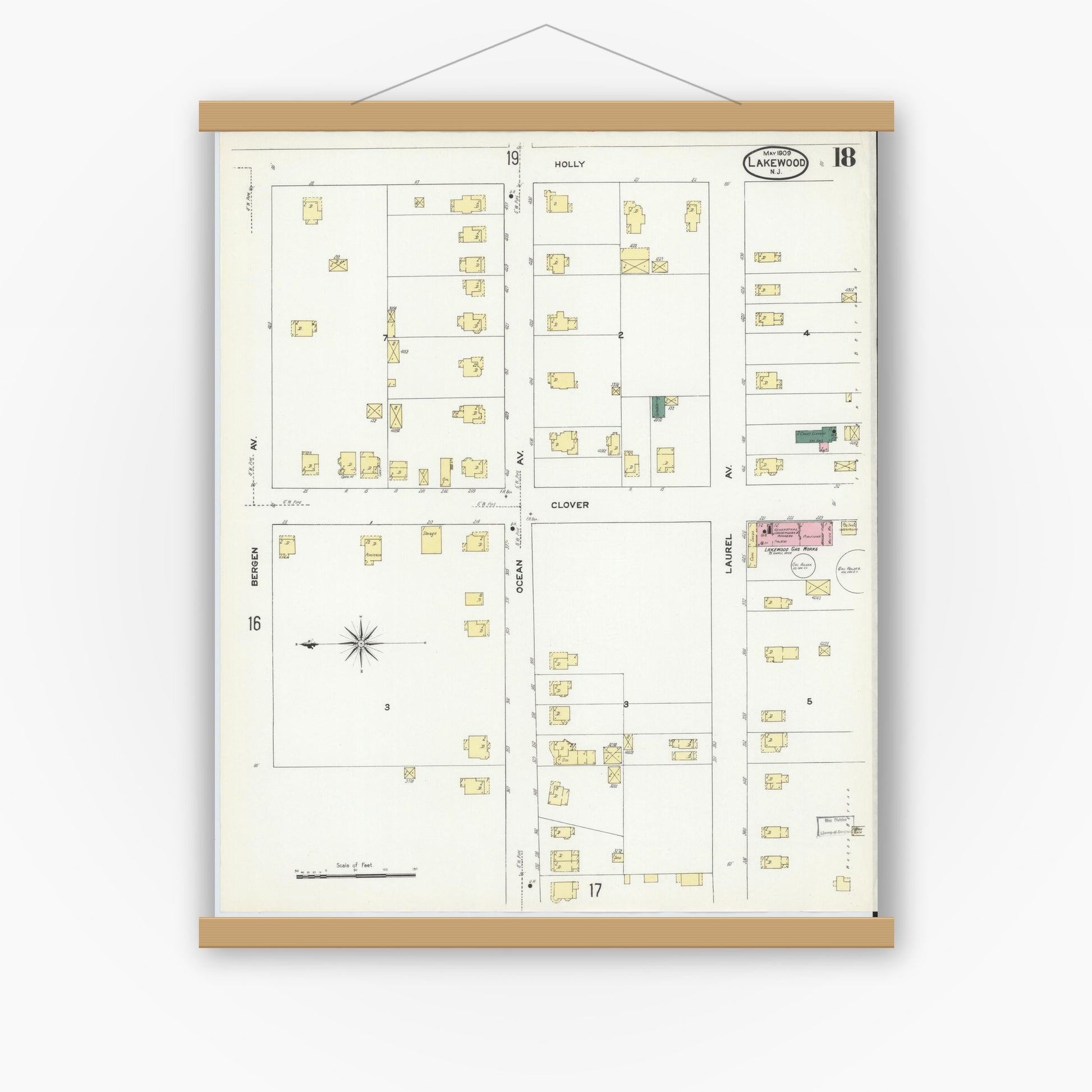 Old map wall art mockup — magnetic wood frame on white wall — Sanborn Fire Insurance Map from Lakewood, Ocean County, New Jersey (1909), Sheet #0018