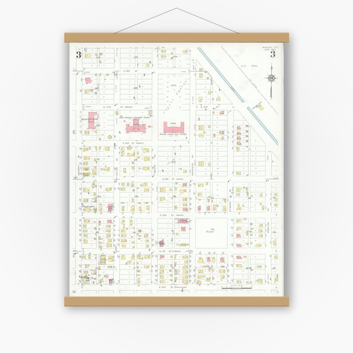 Old map wall art mockup — magnetic wood frame on white wall — Sanborn Fire Insurance Map from Mission, Hidalgo County, Texas (1933), Sheet #0003