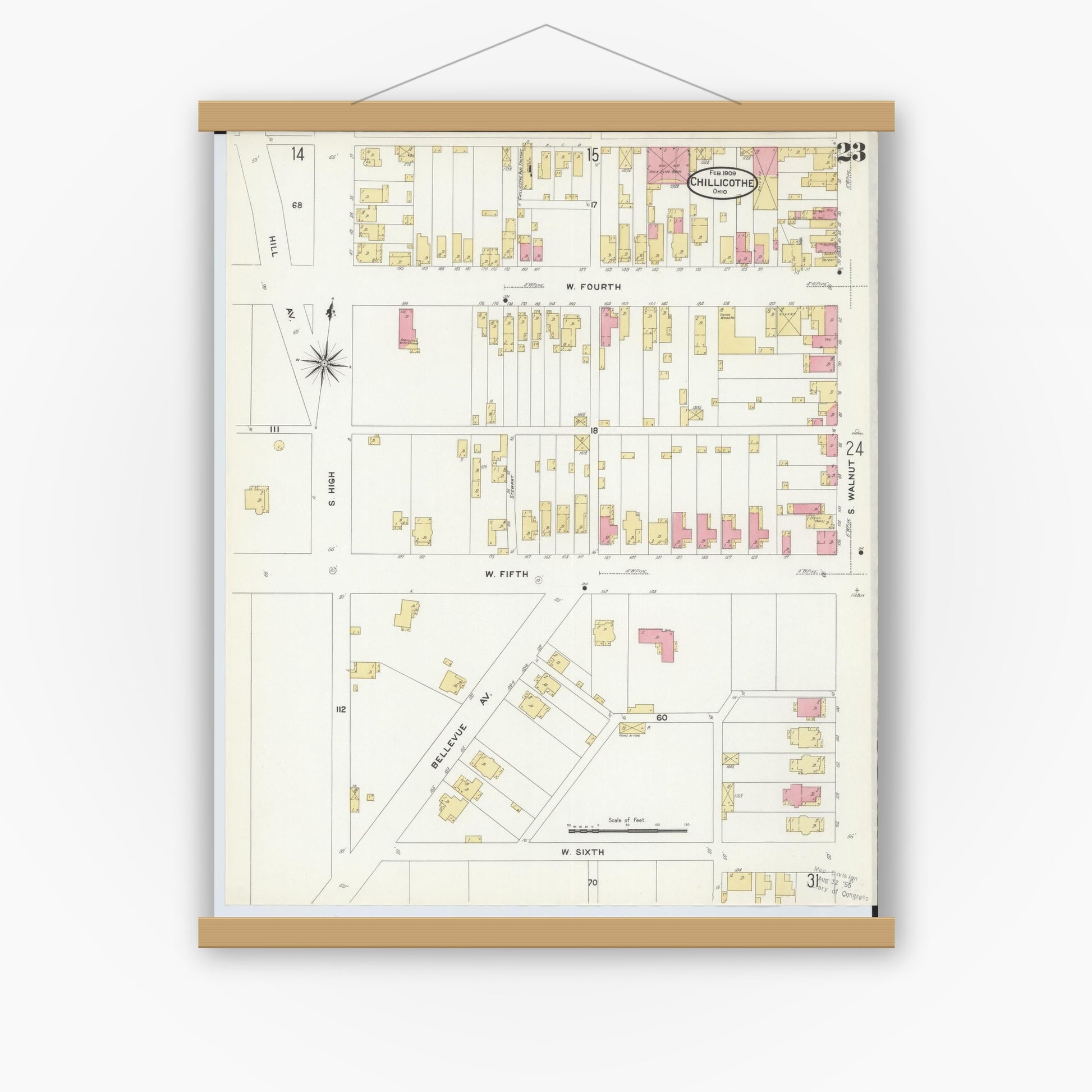 Old map wall art mockup — magnetic wood frame on white wall — Sanborn Fire Insurance Map from Chillicothe, Ross County, Ohio (1909), Sheet #0023