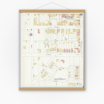 Old map wall art mockup — magnetic wood frame on white wall — Sanborn Fire Insurance Map from Chillicothe, Ross County, Ohio (1909), Sheet #0023