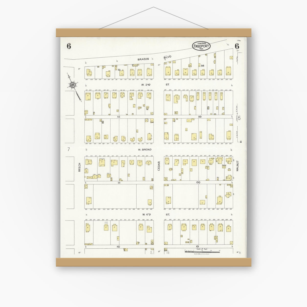 Old map wall art mockup — magnetic wood frame on white wall — Sanborn Fire Insurance Map from Freeport, Brazoria County, Texas (1926), Sheet #0006
