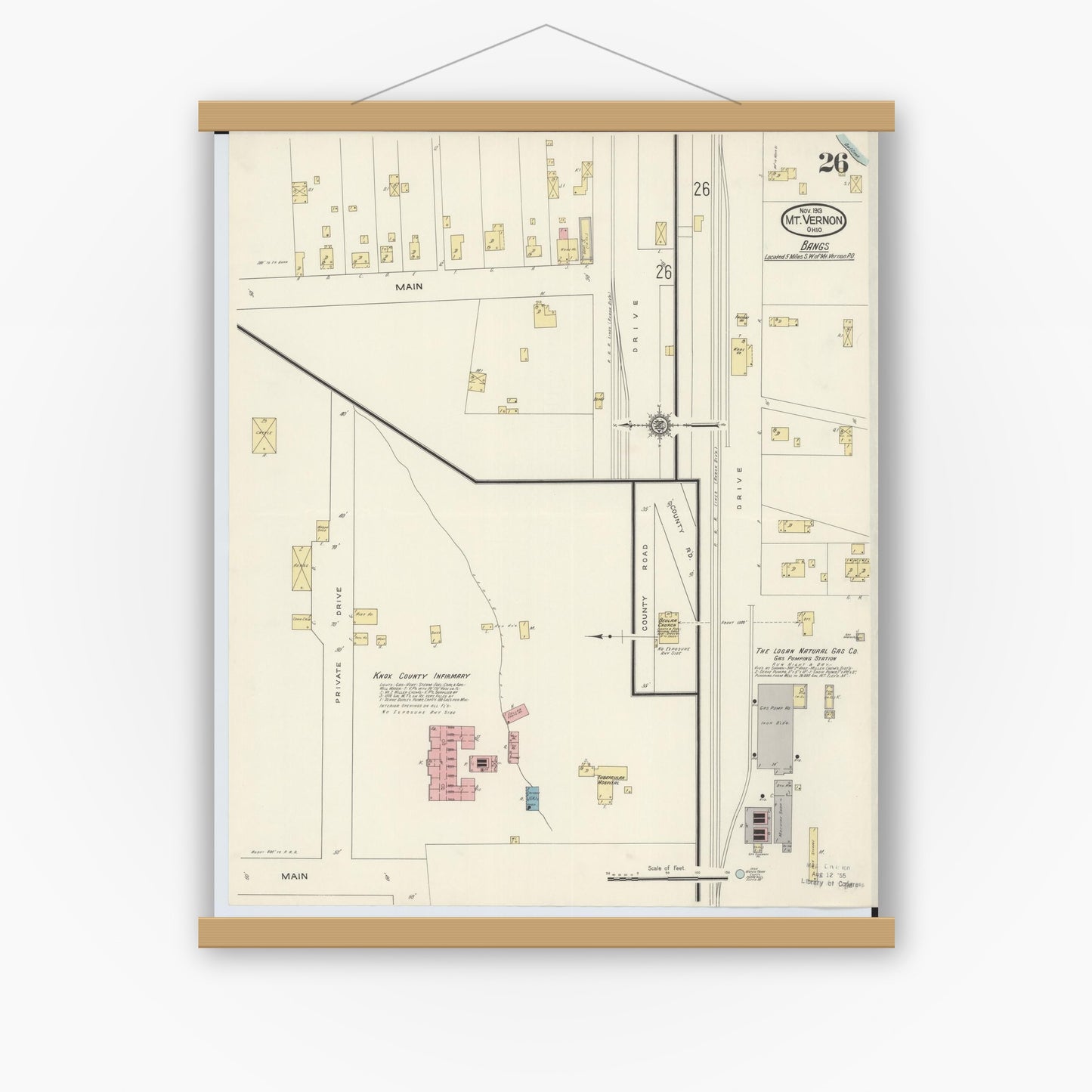 Old map wall art mockup — magnetic wood frame on white wall — Sanborn Fire Insurance Map from Mount Vernon, Knox County, Ohio (1913), Sheet #0026