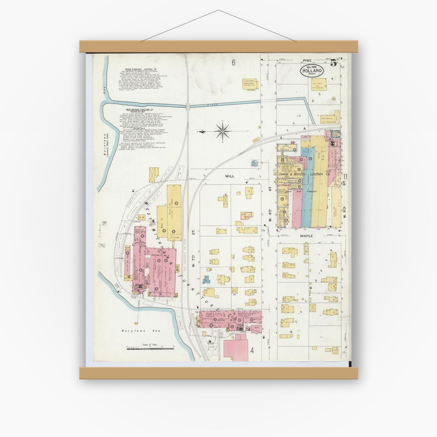 Old map wall art mockup — magnetic wood frame on white wall — Sanborn Fire Insurance Map from Holland, Ottawa County, Michigan (1908), Sheet #0005