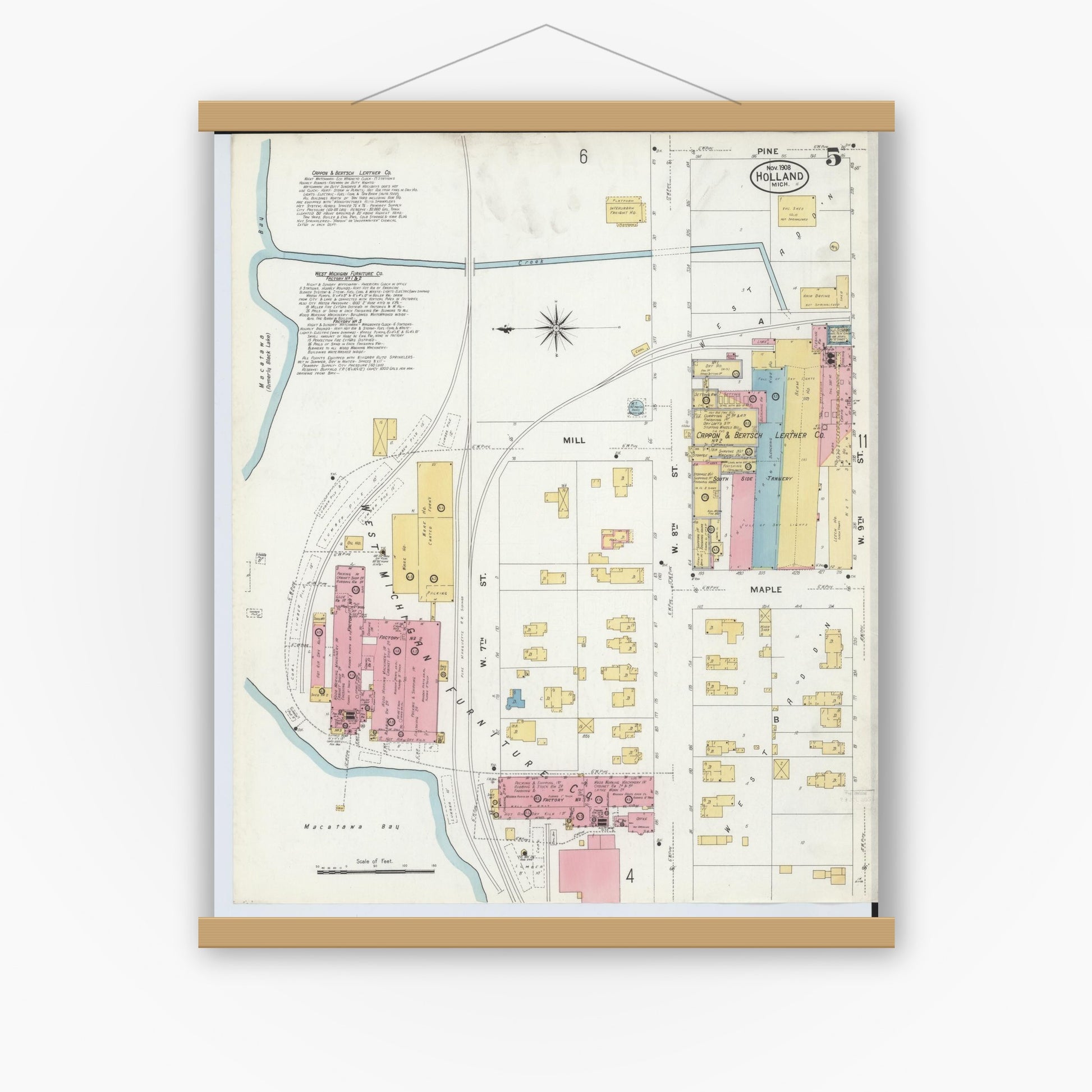 Old map wall art mockup — magnetic wood frame on white wall — Sanborn Fire Insurance Map from Holland, Ottawa County, Michigan (1908), Sheet #0005