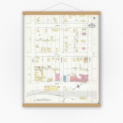 Old map wall art mockup — magnetic wood frame on white wall — Sanborn Fire Insurance Map from Bushnell, Mcdonough County, Illinois (1912), Sheet #0003