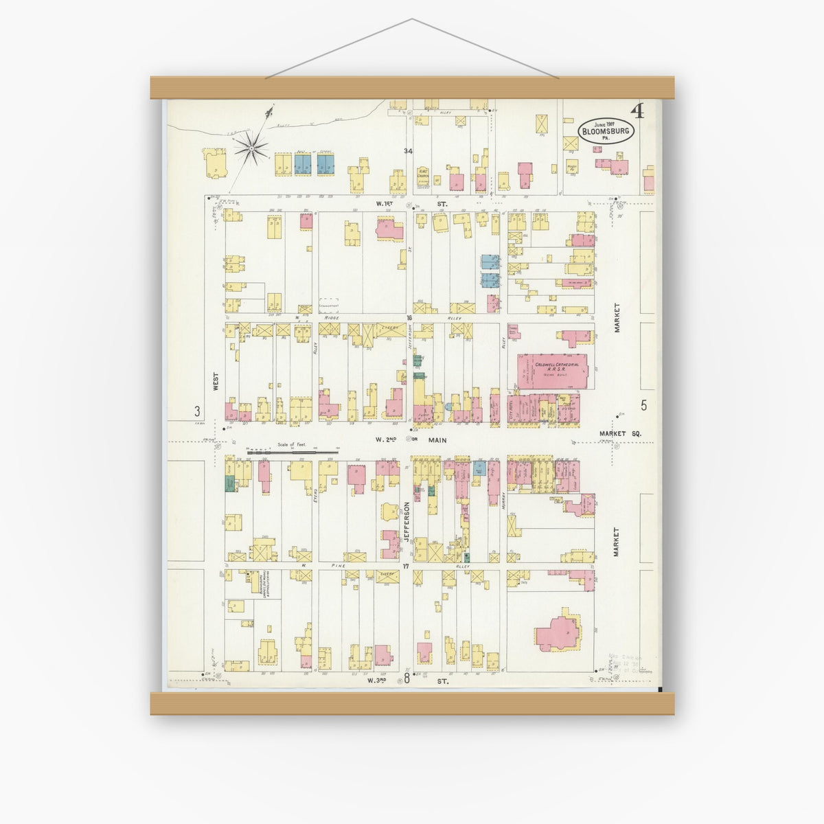 Old map wall art mockup — magnetic wood frame on white wall — Sanborn Fire Insurance Map from Bloomsburg, Columbia County, Pennsylvania (1907), Sheet #0004