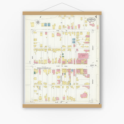 Old map wall art mockup — magnetic wood frame on white wall — Sanborn Fire Insurance Map from Bloomsburg, Columbia County, Pennsylvania (1907), Sheet #0004