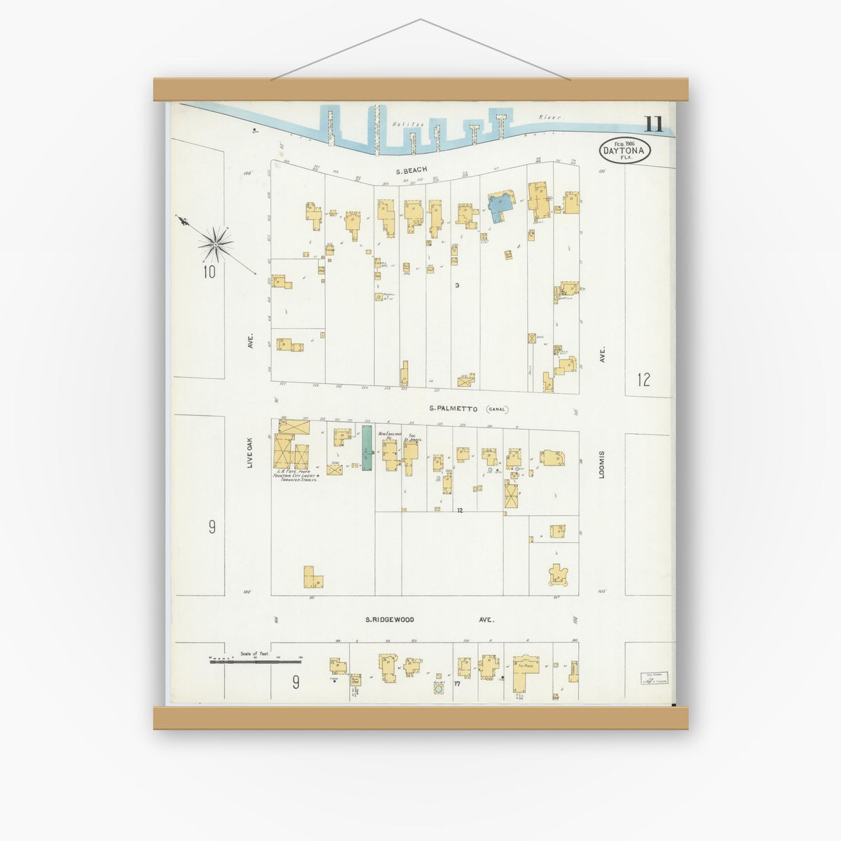 Old map wall art mockup — magnetic wood frame on white wall — Sanborn Fire Insurance Map from Daytona, Volusia County, Florida (1906), Sheet #0011