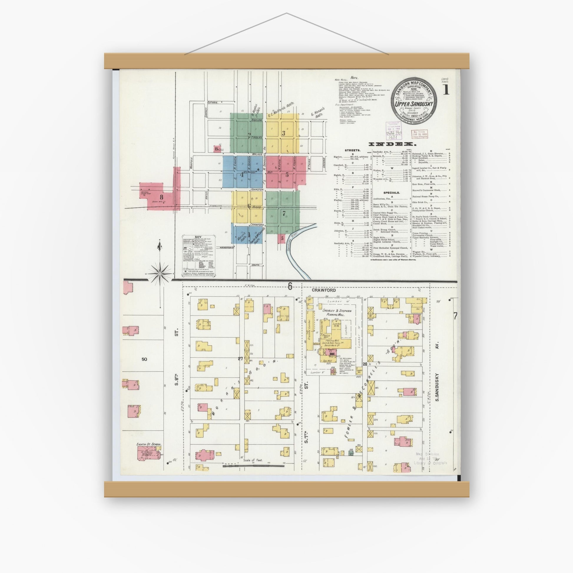 Old map wall art mockup — magnetic wood frame on white wall — Sanborn Fire Insurance Map from Upper Sandusky, Wyandot County, Ohio (1902), Sheet #0001