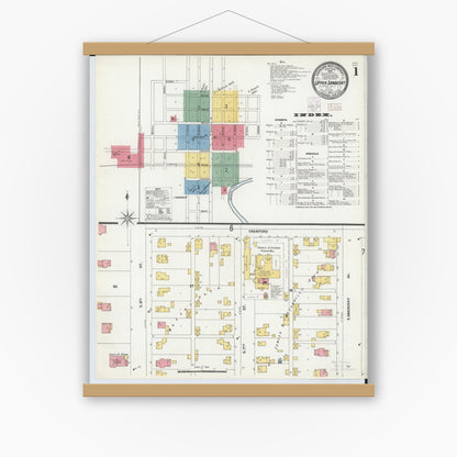 Old map wall art mockup — magnetic wood frame on white wall — Sanborn Fire Insurance Map from Upper Sandusky, Wyandot County, Ohio (1902), Sheet #0001