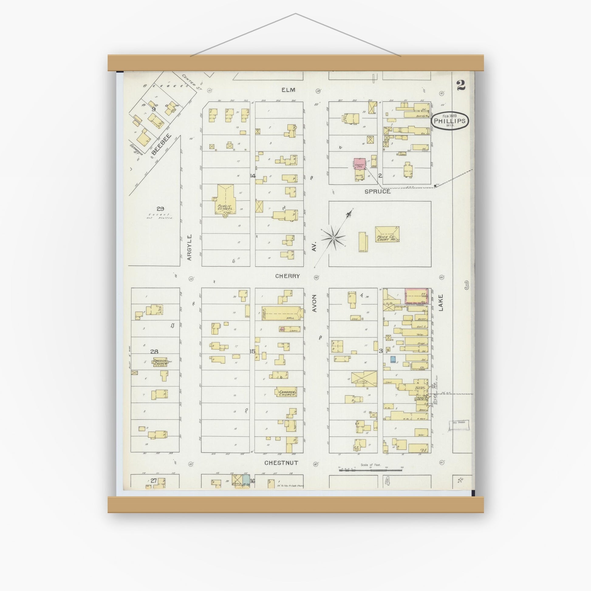 Old map wall art mockup — magnetic wood frame on white wall — Sanborn Fire Insurance Map from Phillips, Price County, Wisconsin (1893), Sheet #0002
