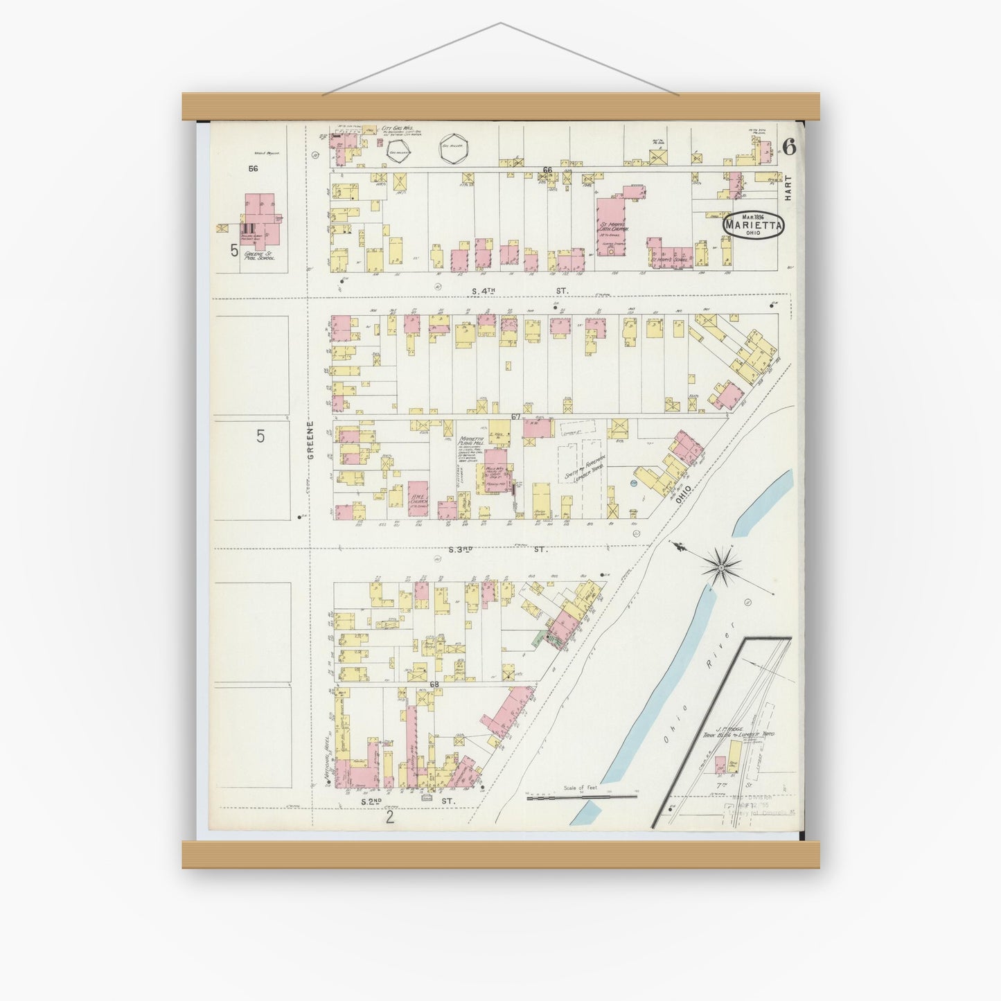 Old map wall art mockup — magnetic wood frame on white wall — Sanborn Fire Insurance Map from Marietta, Washington County, Ohio (1896), Sheet #0006