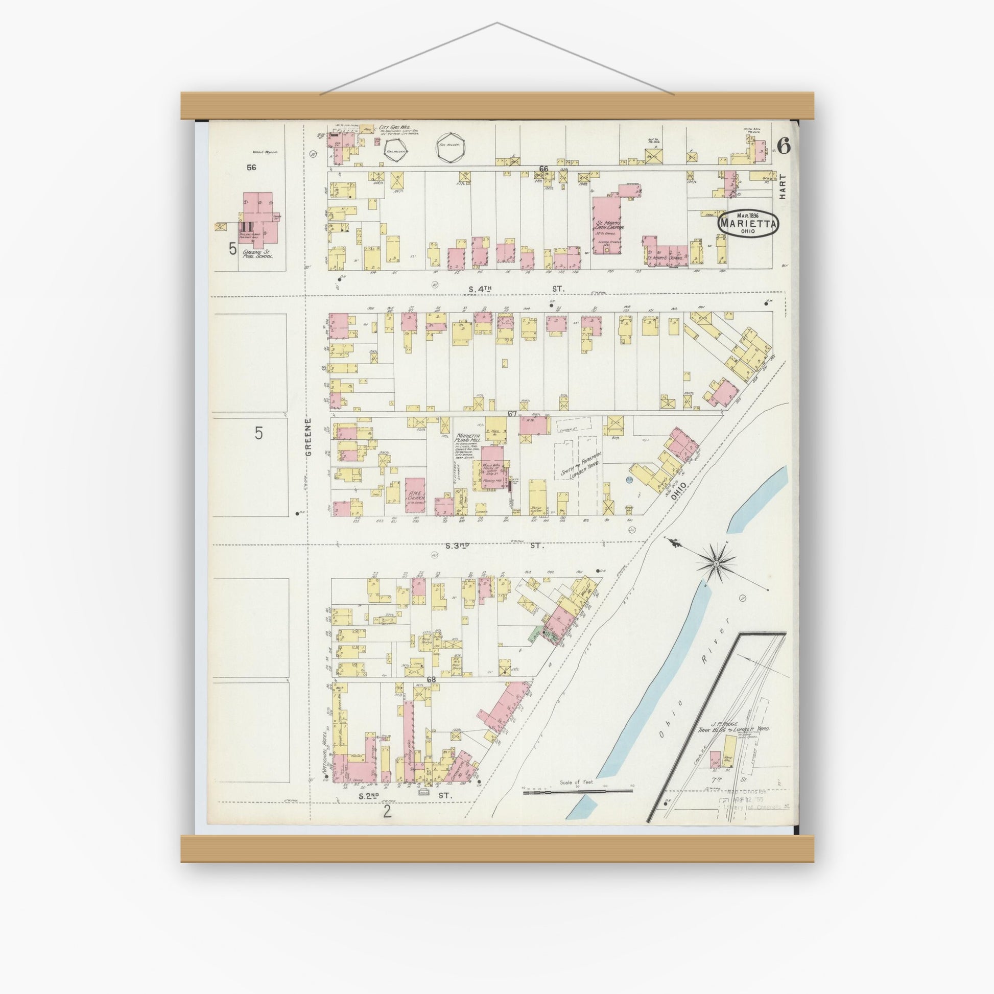 Old map wall art mockup — magnetic wood frame on white wall — Sanborn Fire Insurance Map from Marietta, Washington County, Ohio (1896), Sheet #0006