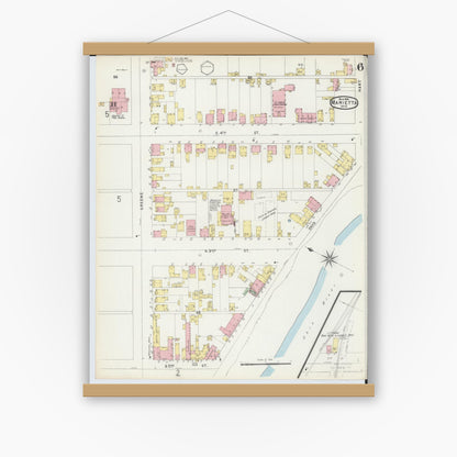 Old map wall art mockup — magnetic wood frame on white wall — Sanborn Fire Insurance Map from Marietta, Washington County, Ohio (1896), Sheet #0006