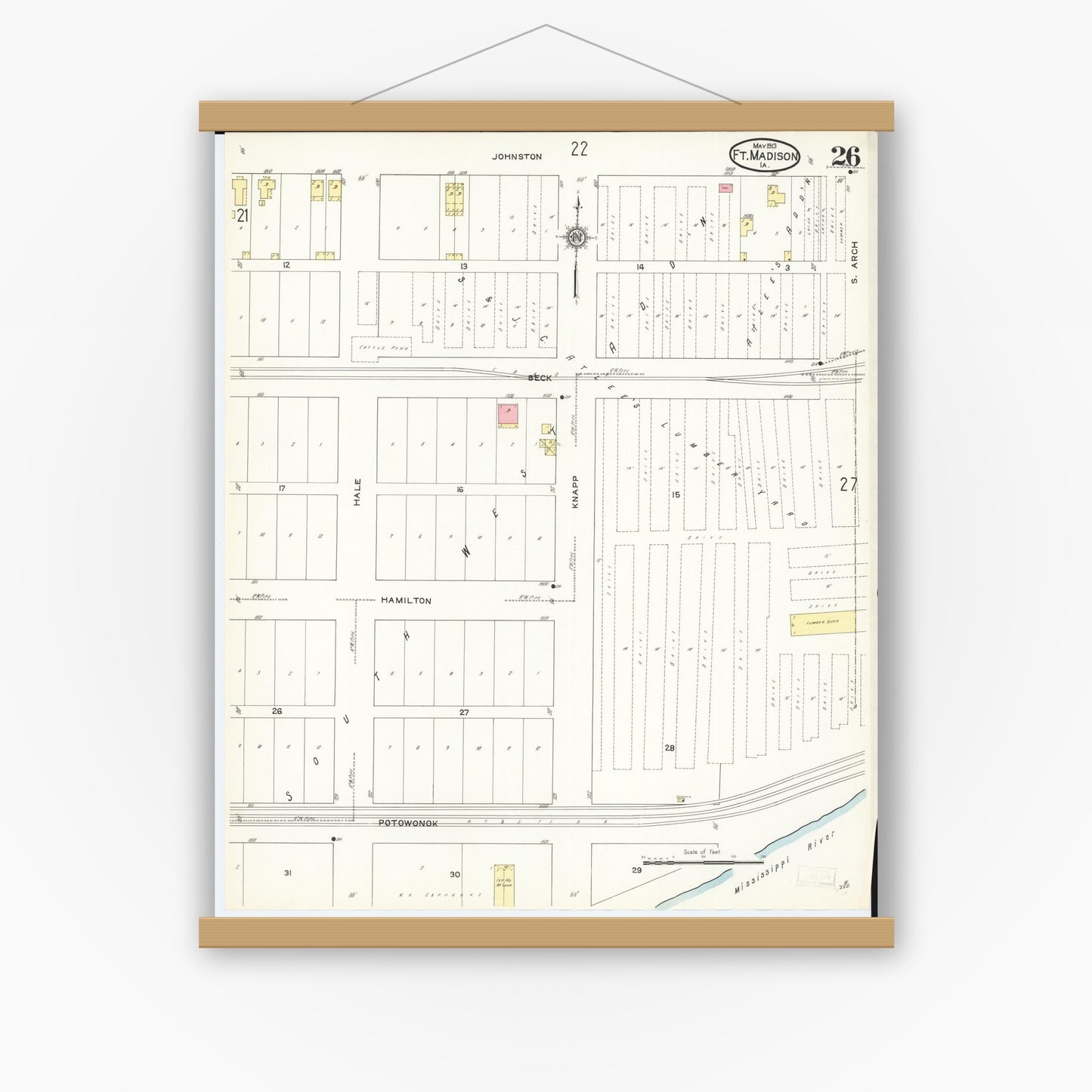 Old map wall art mockup — magnetic wood frame on white wall — Sanborn Fire Insurance Map from Fort Madison, Lee County, Iowa (1913), Sheet #0026