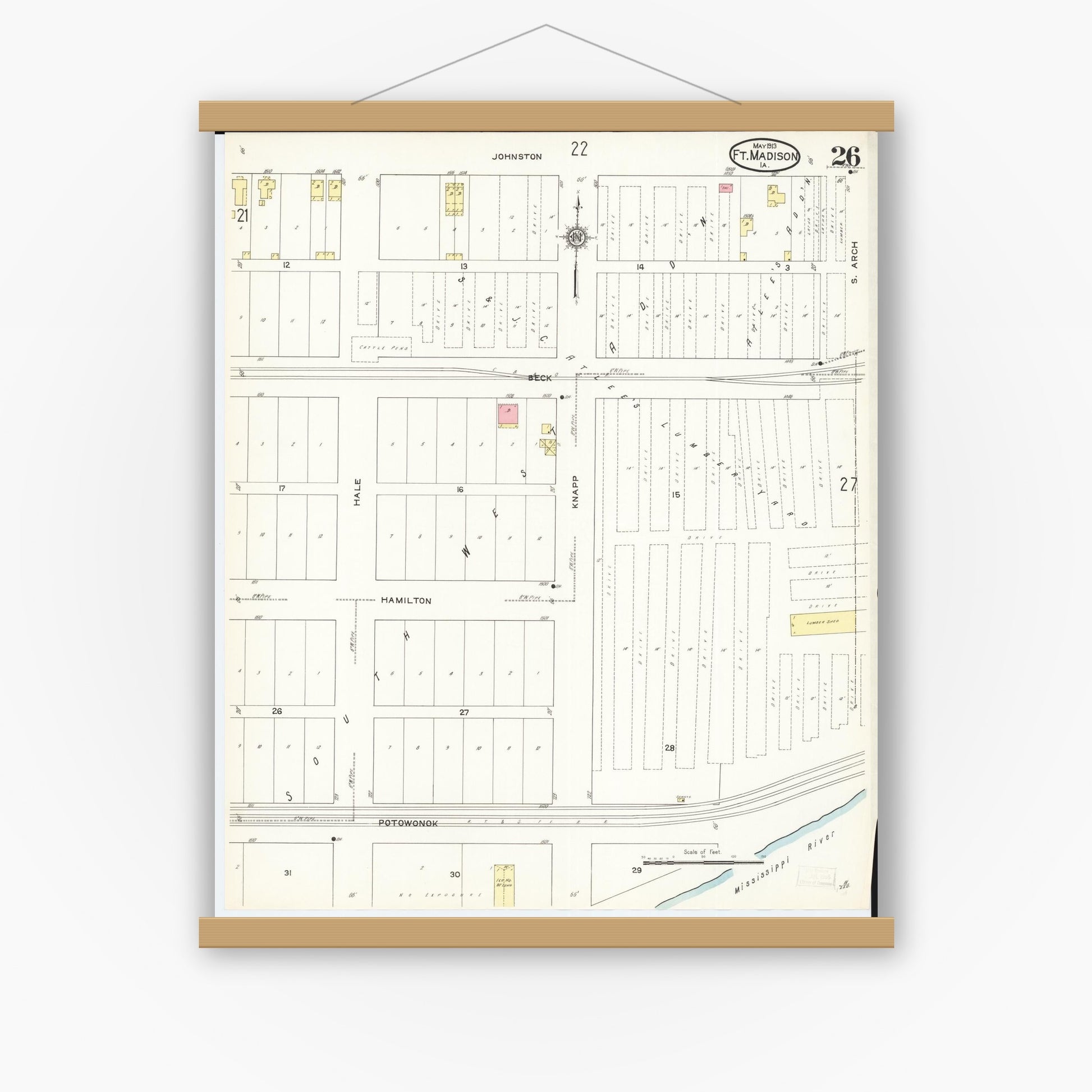 Old map wall art mockup — magnetic wood frame on white wall — Sanborn Fire Insurance Map from Fort Madison, Lee County, Iowa (1913), Sheet #0026
