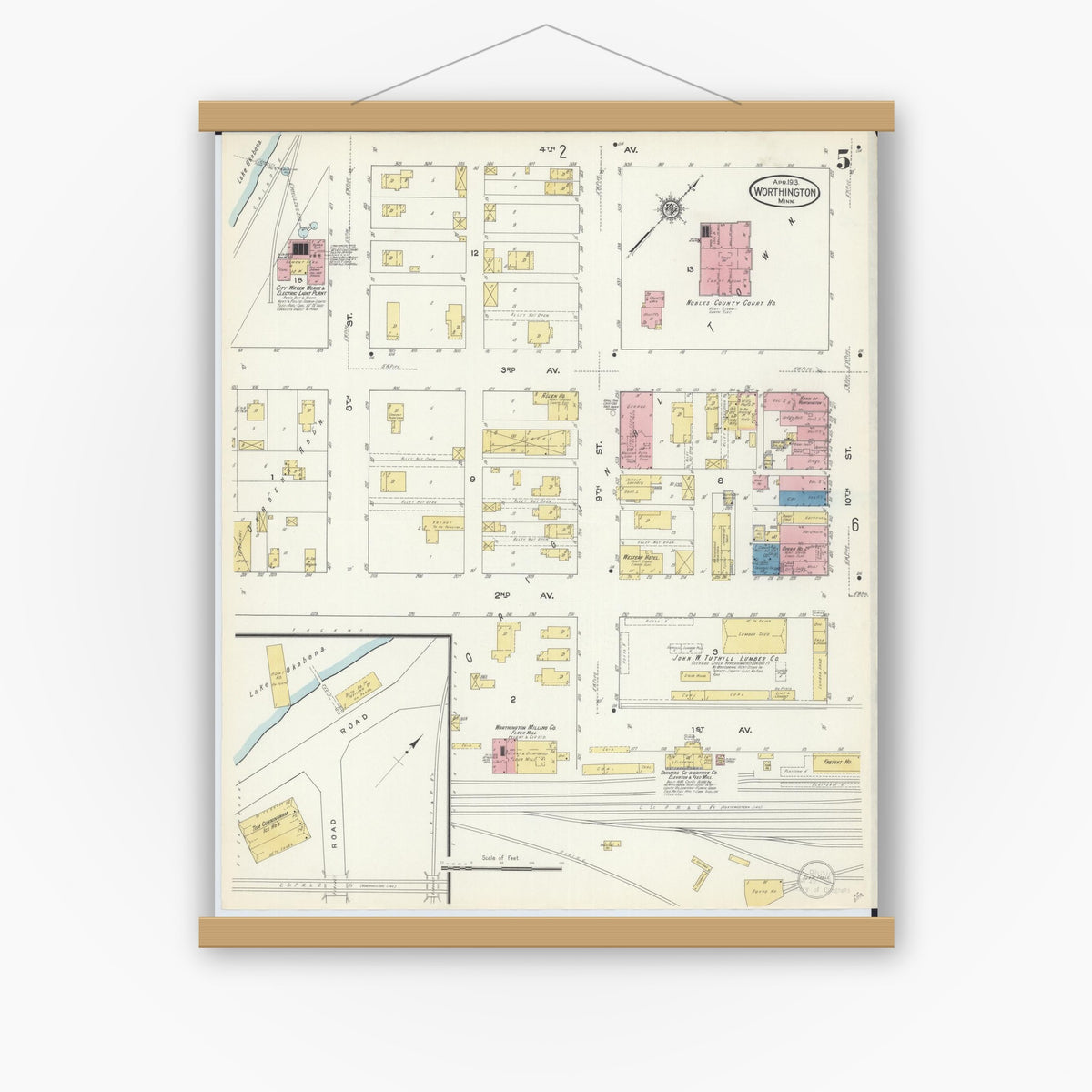 Old map wall art mockup — magnetic wood frame on white wall — Sanborn Fire Insurance Map from Worthington, Nobles County, Minnesota (1913), Sheet #0005