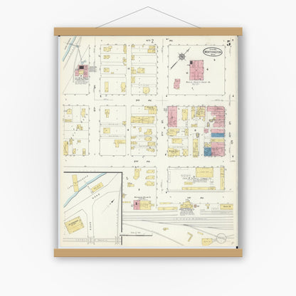 Old map wall art mockup — magnetic wood frame on white wall — Sanborn Fire Insurance Map from Worthington, Nobles County, Minnesota (1913), Sheet #0005