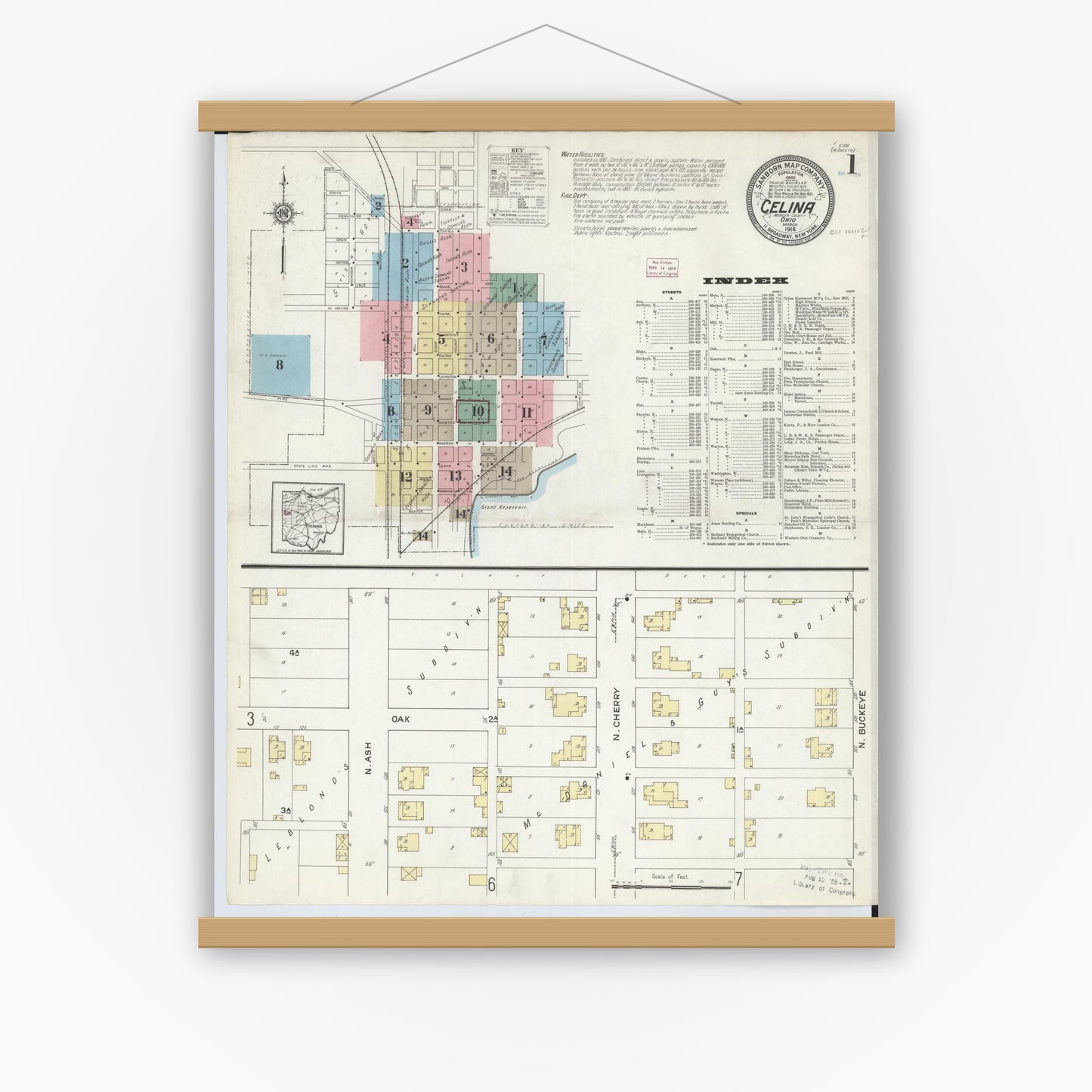 Old map wall art mockup — magnetic wood frame on white wall — Sanborn Fire Insurance Map from Celina, Mercer County, Ohio (1914) - Complete Map Set