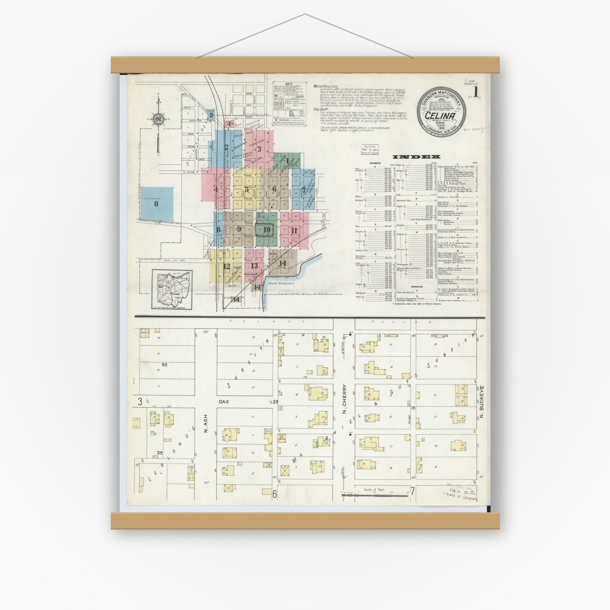 Old map wall art mockup — magnetic wood frame on white wall — Sanborn Fire Insurance Map from Celina, Mercer County, Ohio (1914) - Complete Map Set