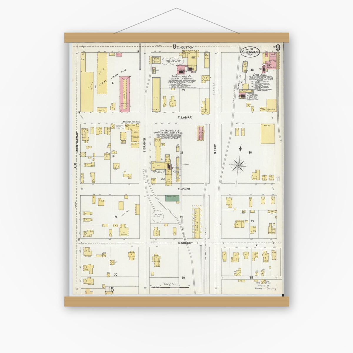 Old map wall art mockup — magnetic wood frame on white wall — Sanborn Fire Insurance Map from Sherman, Grayson County, Texas (1902), Sheet #0009