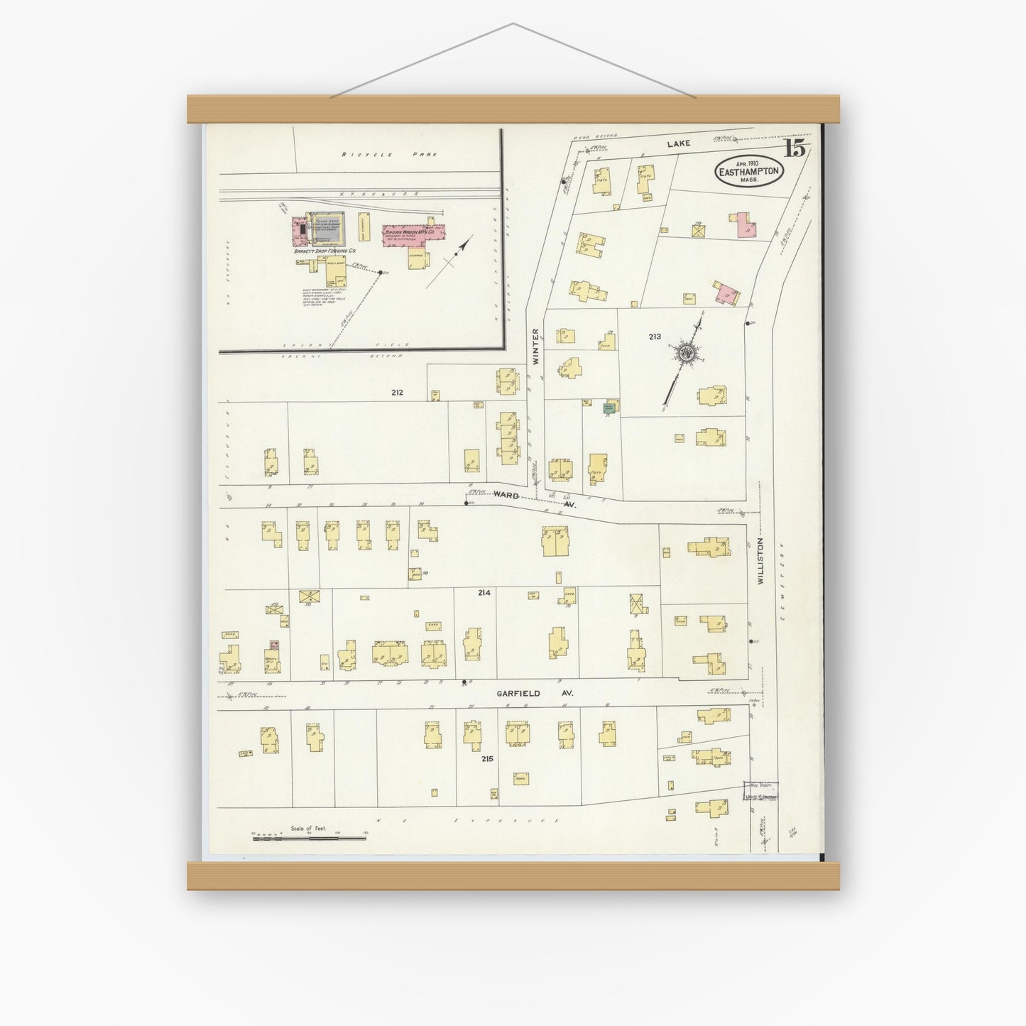 Old map wall art mockup — magnetic wood frame on white wall — Sanborn Fire Insurance Map from East Hampton, Hampshire County, Massachusetts (1910), Sheet #0015