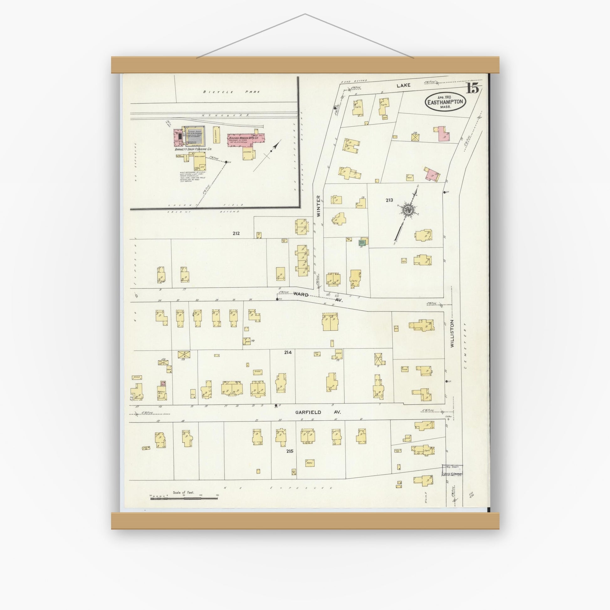 Old map wall art mockup — magnetic wood frame on white wall — Sanborn Fire Insurance Map from East Hampton, Hampshire County, Massachusetts (1910), Sheet #0015