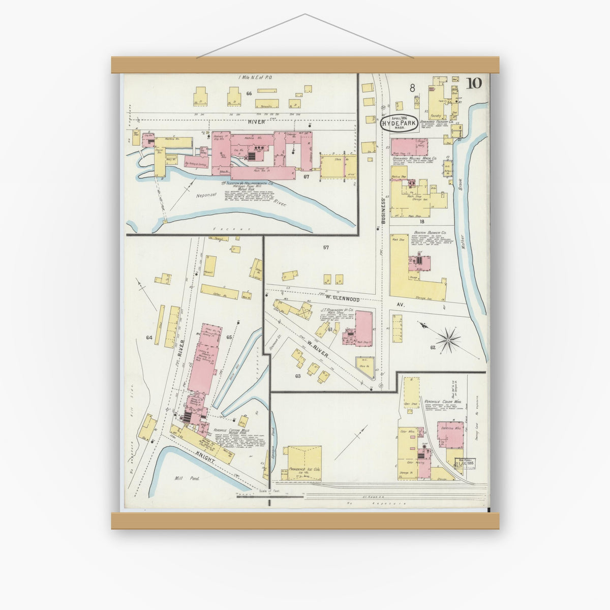 Old map wall art mockup — magnetic wood frame on white wall — Sanborn Fire Insurance Map from Hyde Park, Norfolk County, Massachusetts (1896), Sheet #0010