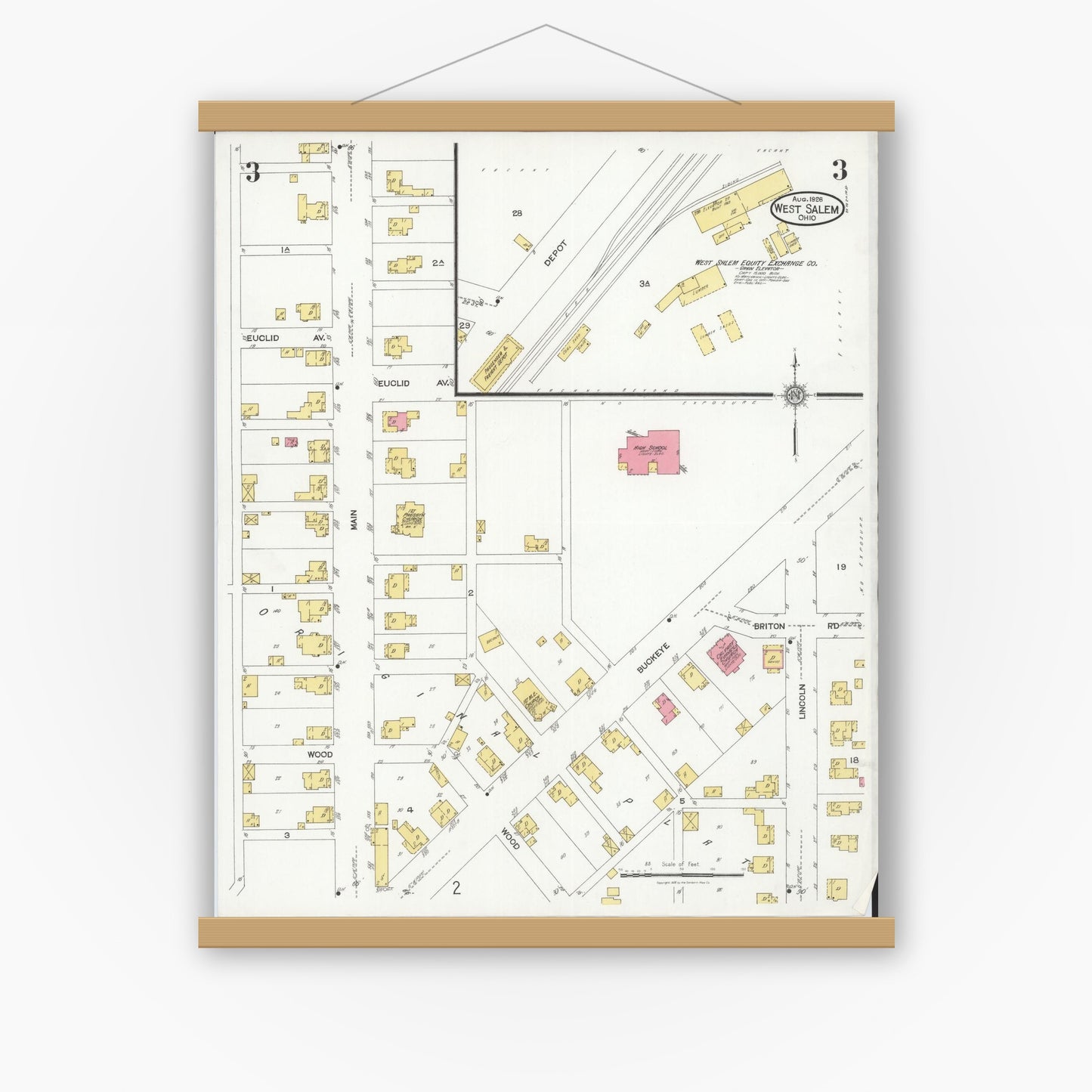 Old map wall art mockup — magnetic wood frame on white wall — Sanborn Fire Insurance Map from West Salem, Wayne County, Ohio (1926), Sheet #0003
