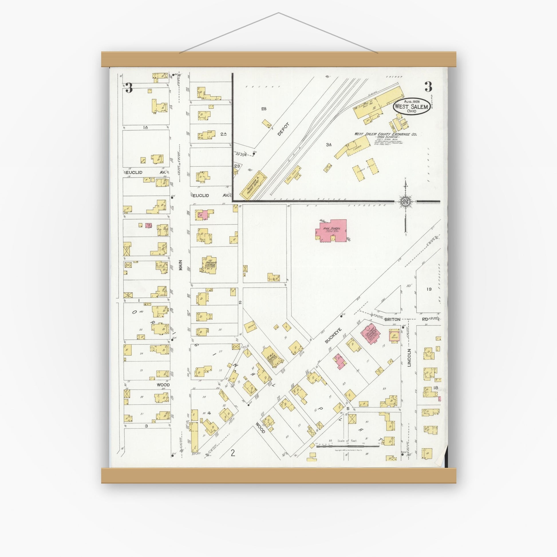 Old map wall art mockup — magnetic wood frame on white wall — Sanborn Fire Insurance Map from West Salem, Wayne County, Ohio (1926), Sheet #0003