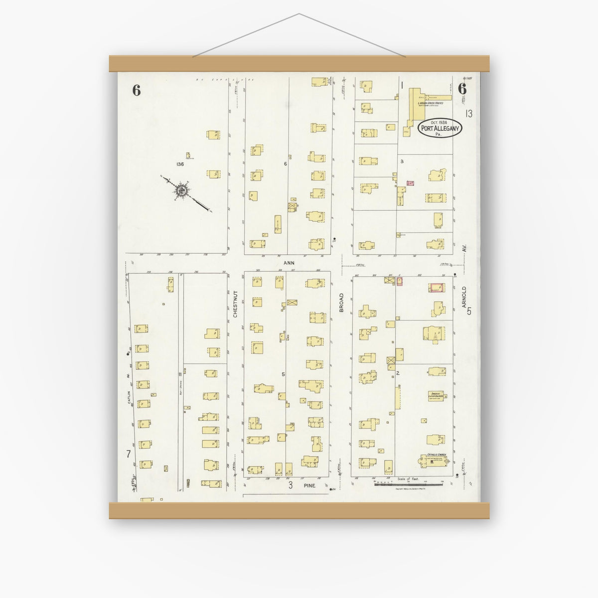 Old map wall art mockup — magnetic wood frame on white wall — Sanborn Fire Insurance Map from Port Allegany, McKean County, Pennsylvania (1924), Sheet #0006