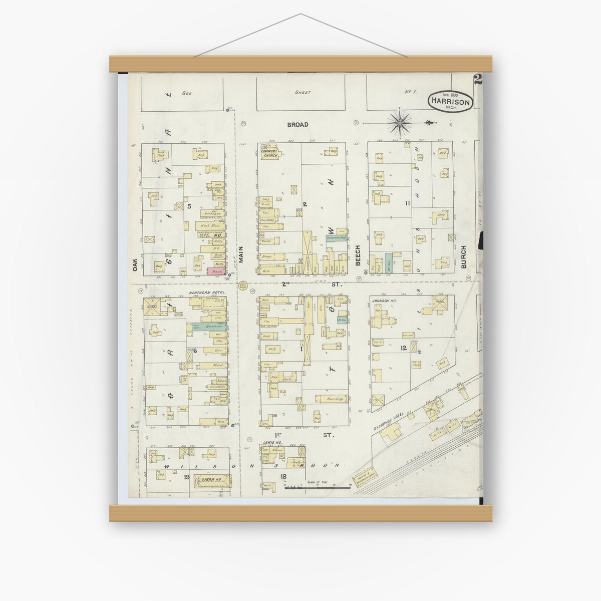 Old map wall art mockup — magnetic wood frame on white wall — Sanborn Fire Insurance Map from Harrison, Clare County, Michigan (1890), Sheet #0002