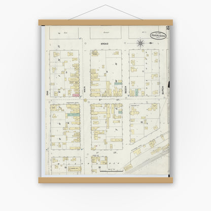 Old map wall art mockup — magnetic wood frame on white wall — Sanborn Fire Insurance Map from Harrison, Clare County, Michigan (1890), Sheet #0002