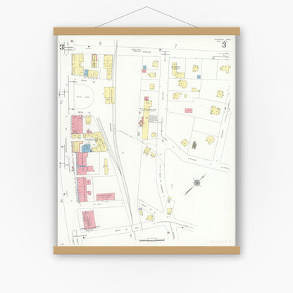 Old map wall art mockup — magnetic wood frame on white wall — Sanborn Fire Insurance Map from Lexington, Middlesex County, Massachusetts (1935), Sheet #0003