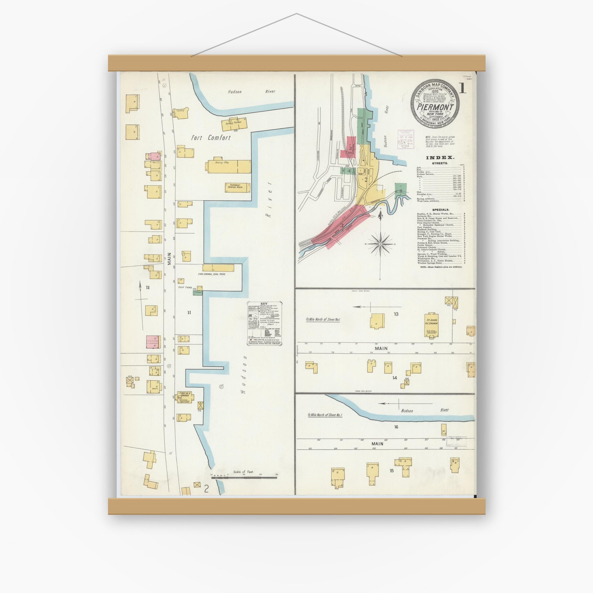 Old map wall art mockup — magnetic wood frame on white wall — Sanborn Fire Insurance Map from Piermont, Rockland County, New York (1903), Sheet #0001