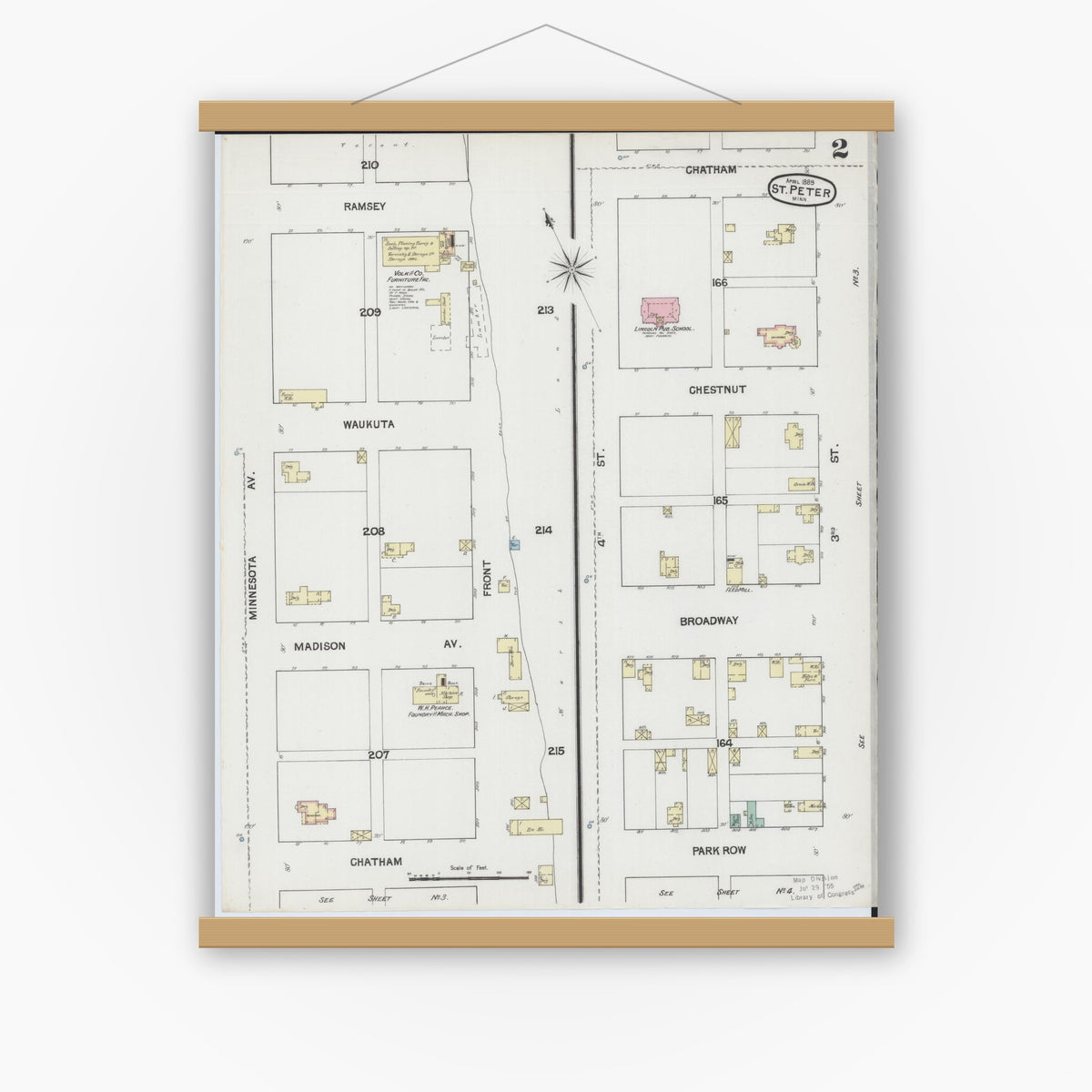 Old map wall art mockup — magnetic wood frame on white wall — Sanborn Fire Insurance Map from Saint Peter, Nicollet County, Minnesota (1889), Sheet #0002