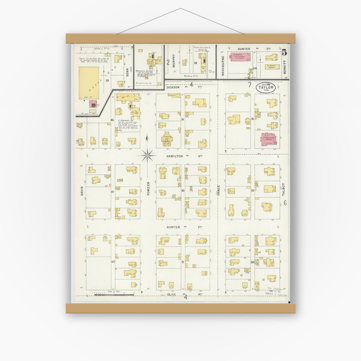 Old map wall art mockup — magnetic wood frame on white wall — Sanborn Fire Insurance Map from Taylor, Williamson County, Texas (1898), Sheet #0005
